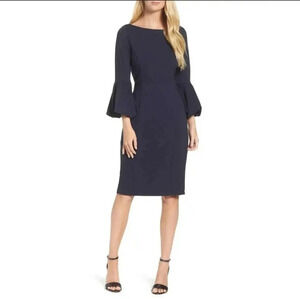 Eliza J Navy Blue Knit Bell Sleeves‎ Cocktail Sheath Dress Women's Size 8